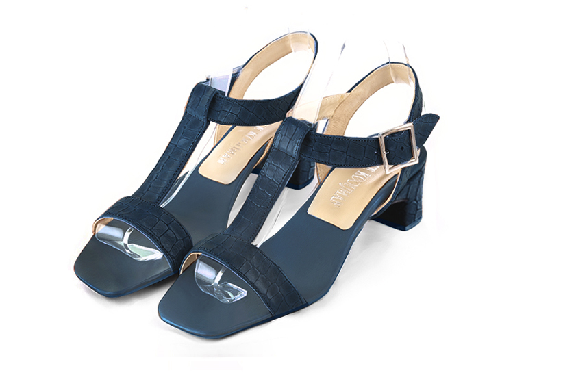 Denim blue elegant fully open sandals with instep strap. Square toe. Low kitten heels.